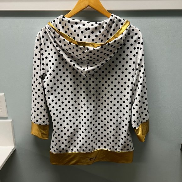 Isaac Mizrahi Sport Jacket Womens White Black Polka Dot Gold Trim Hooded - Picture 3 of 5